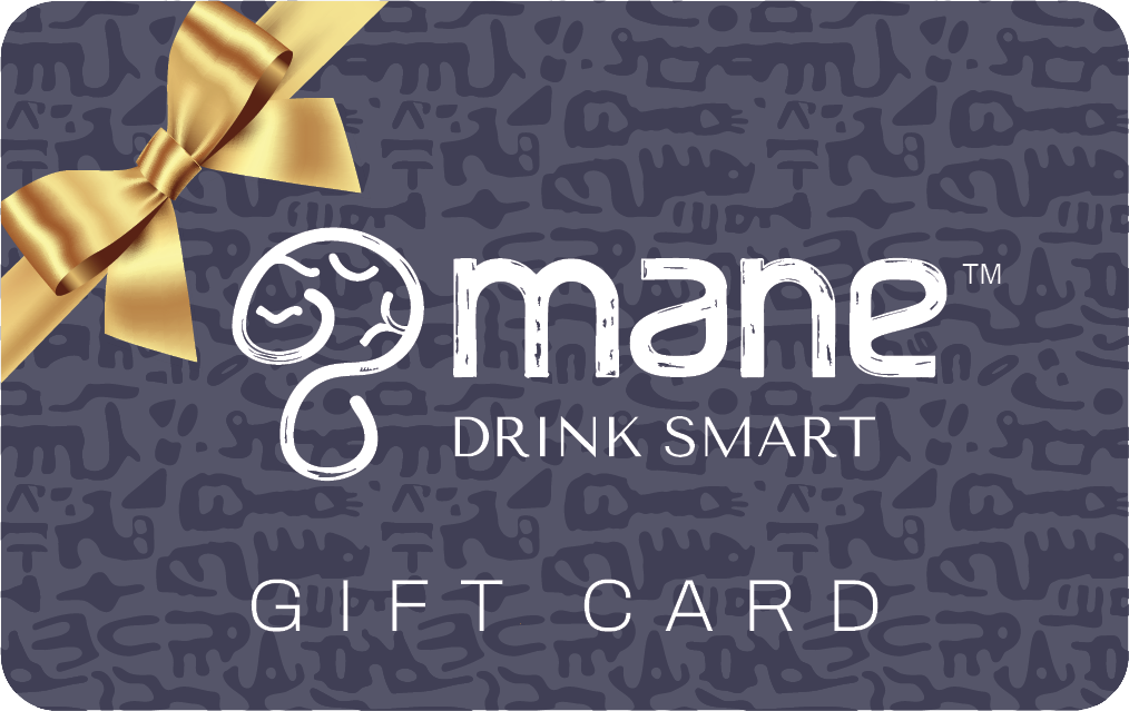 Mane Drink Smart gift card with gold bow on a dark blue background