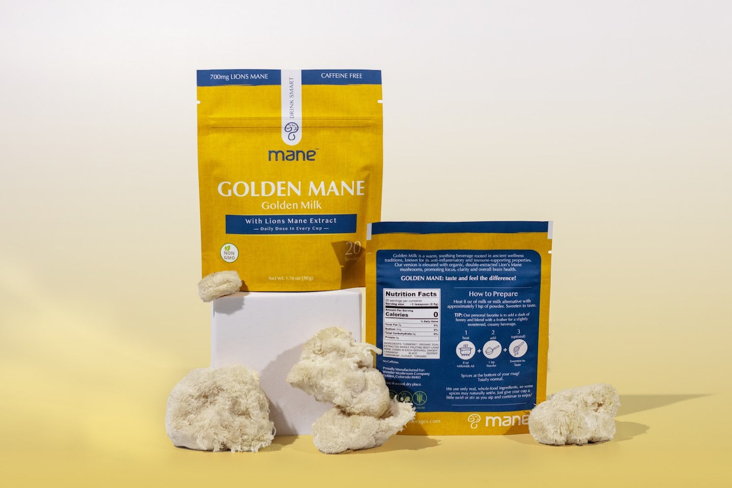 Golden Mane package stacked with lions mane and yellow gradient background.