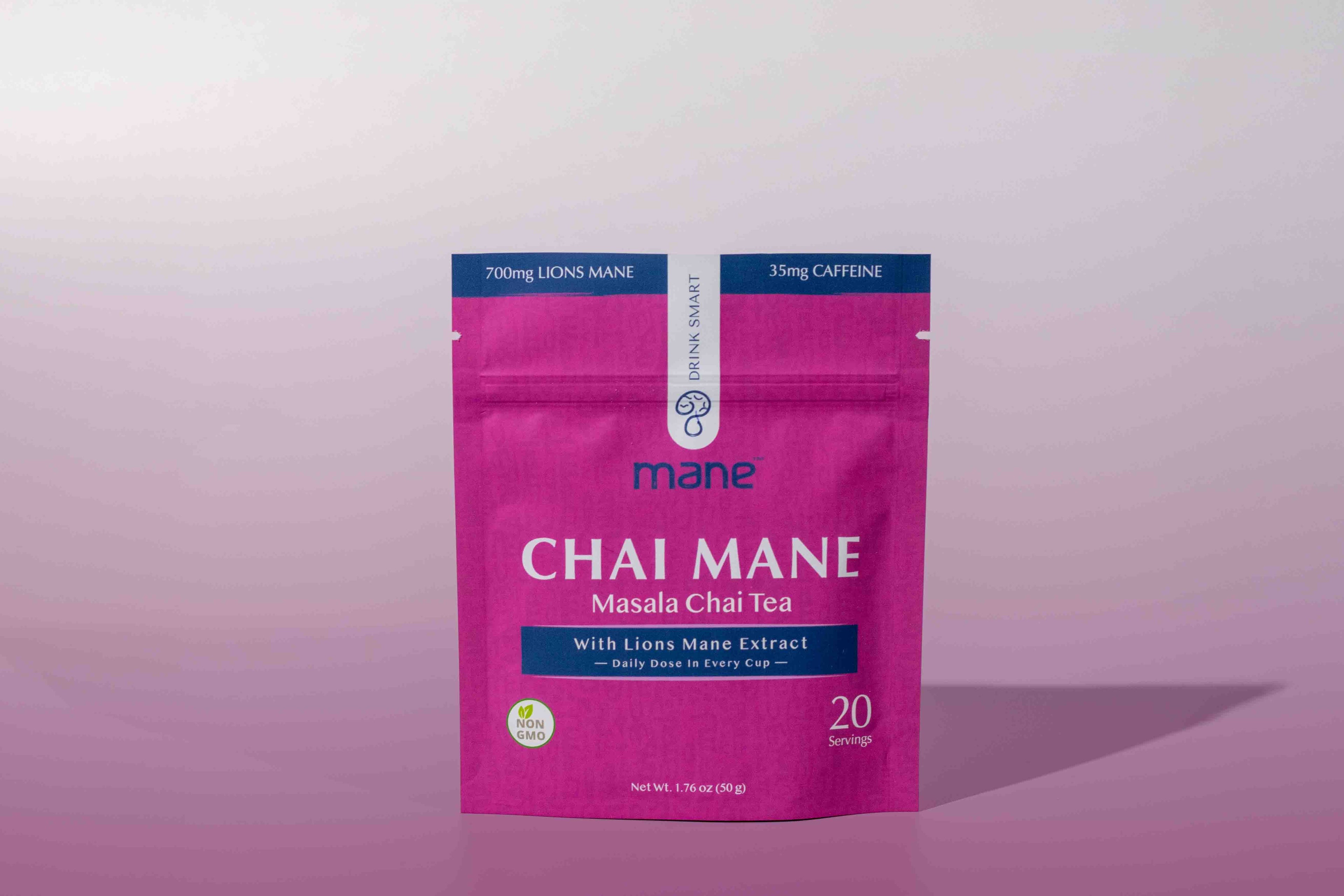 Chai Mane front of package with pink gradient background